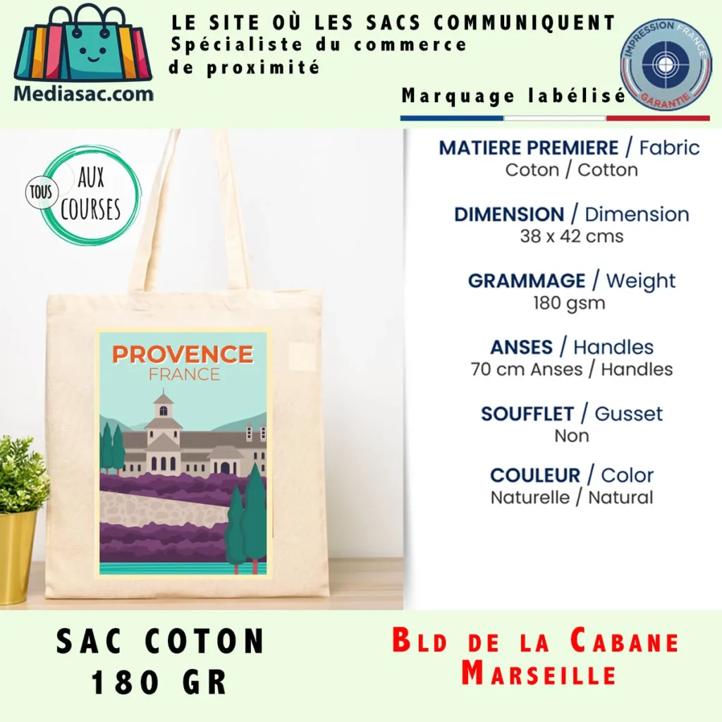 Sac coton 180 gr naturel avec anses longues, réutilisable et personnalisable, parfait pour commerces, événements et communication publicitaire écologique.
