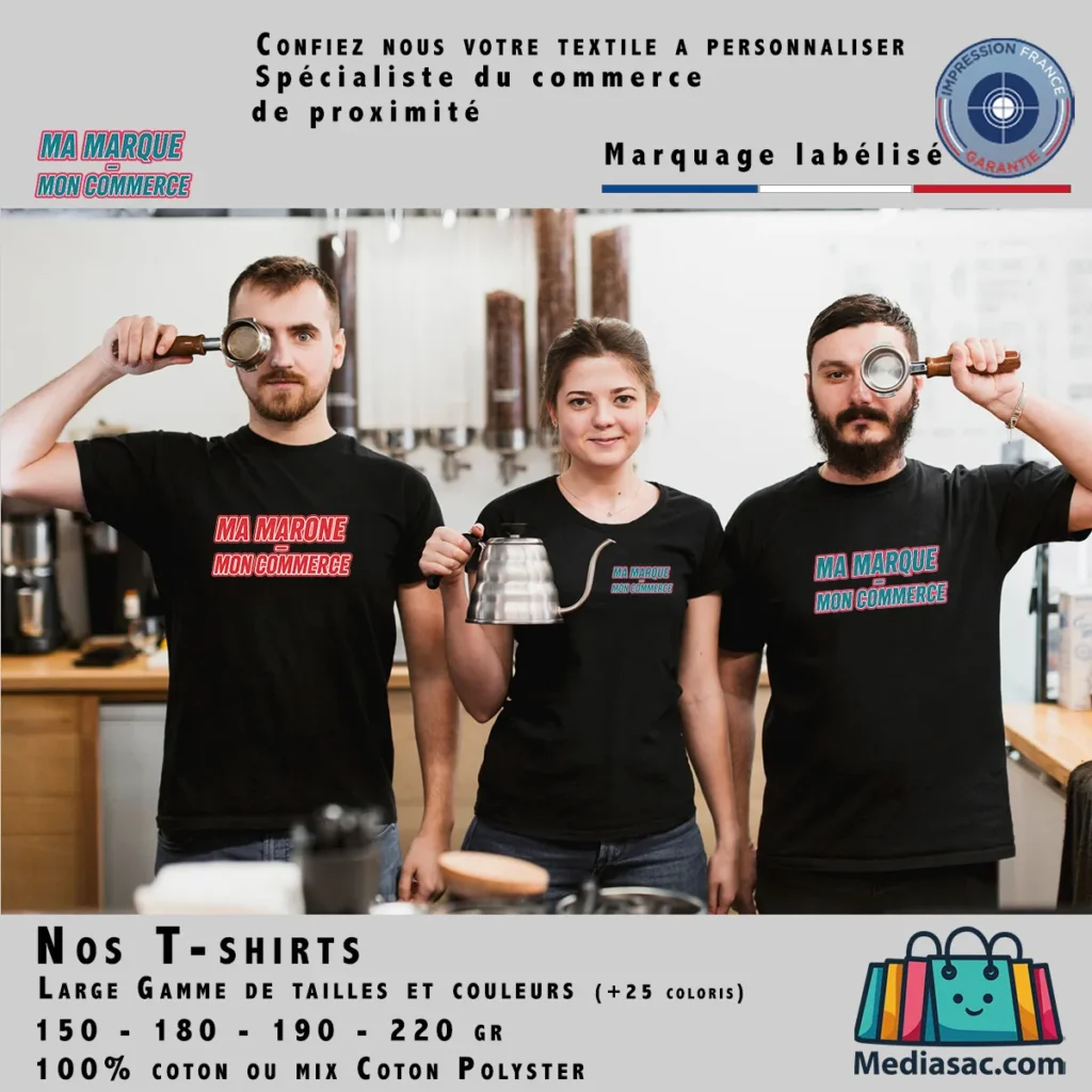 T-shirts personnalisables unisexes – large choix de tailles et couleurs – 100% coton ou coton/polyester – Impression France Garantie.