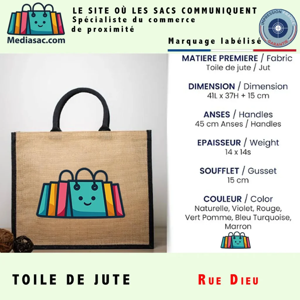Sac jute naturel avec soufflet 15 cm, anses renforcées et déclinaisons colorées, idéal pour shopping, commerces et communication publicitaire personnalisée.
